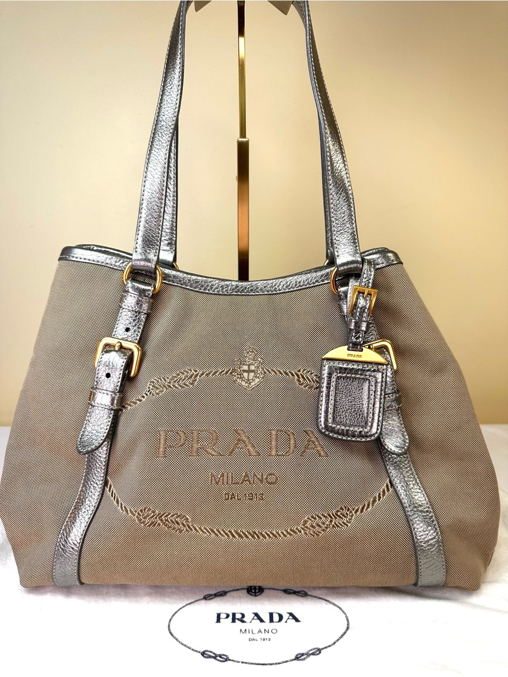 Prada Milano Logo Jacquard Canvas & Metallic Silver Leather Tote, dustbag